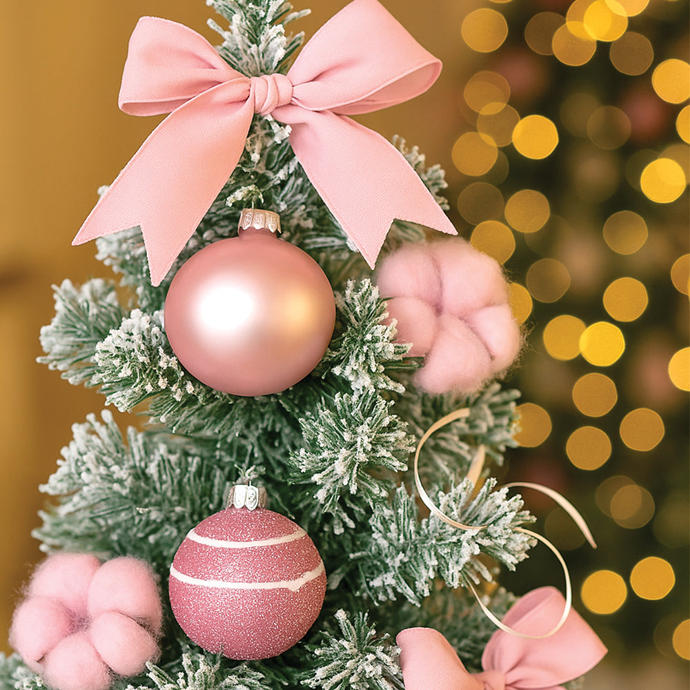 2 feet pastel Pink Swirl Snowy Bushy Christmas Tree filled with balls and ornament Fillers