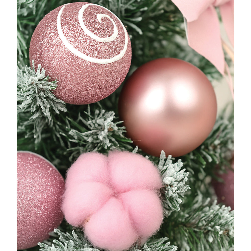 2 feet pastel Pink Swirl Snowy Bushy Christmas Tree filled with balls and ornament Fillers