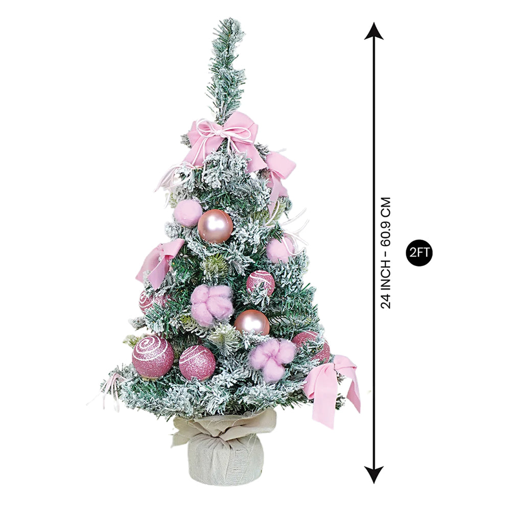 2 feet pastel Pink Swirl Snowy Bushy Christmas Tree filled with balls and ornament Fillers