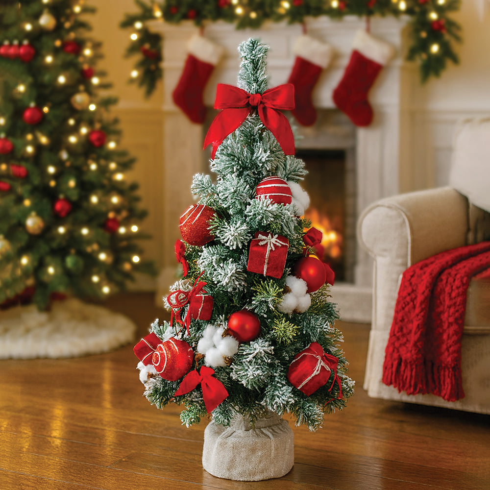 2 feet Red Swirl Frosty Bushy Christmas Tree filled with balls and ornament Fillers