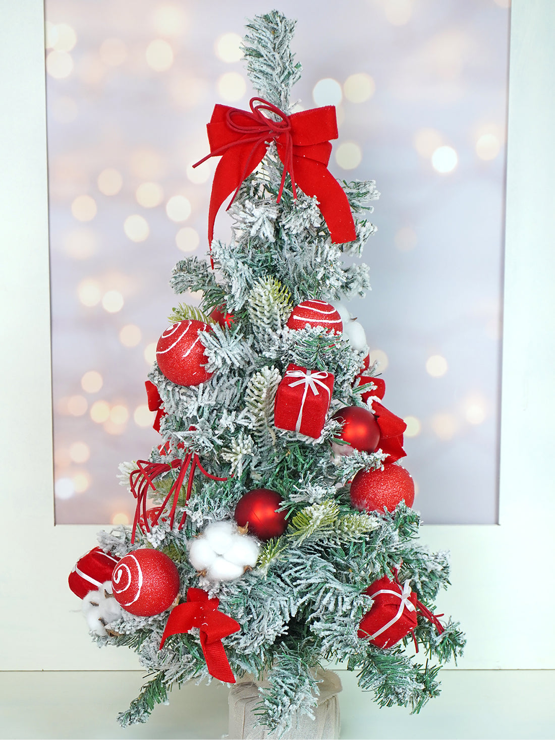 2 feet Red Swirl Frosty Bushy Christmas Tree filled with balls and ornament Fillers