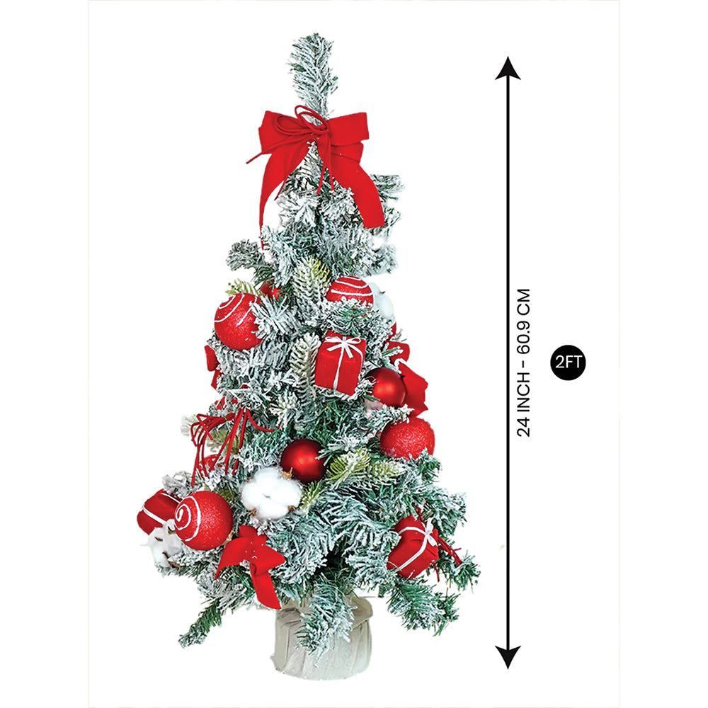 2 feet Red Swirl Frosty Bushy Christmas Tree filled with balls and ornament Fillers