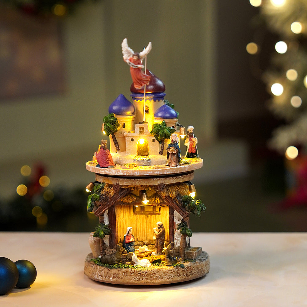 2 Layered Rotating, Musical & Lit Angel Holy Family Bethlehem Crib and Nativity set Christmas Décor