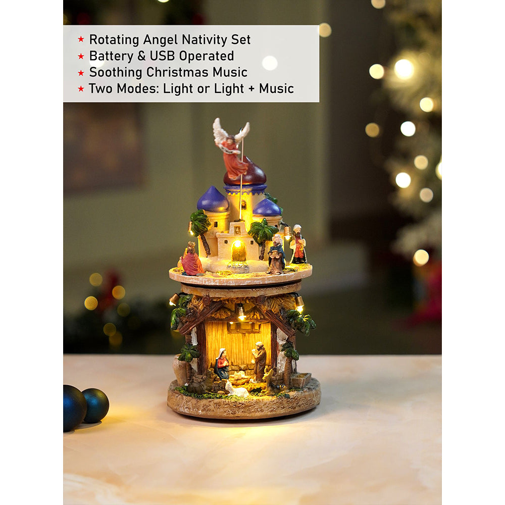 2 Layered Rotating, Musical & Lit Angel Holy Family Bethlehem Crib and Nativity set Christmas Décor