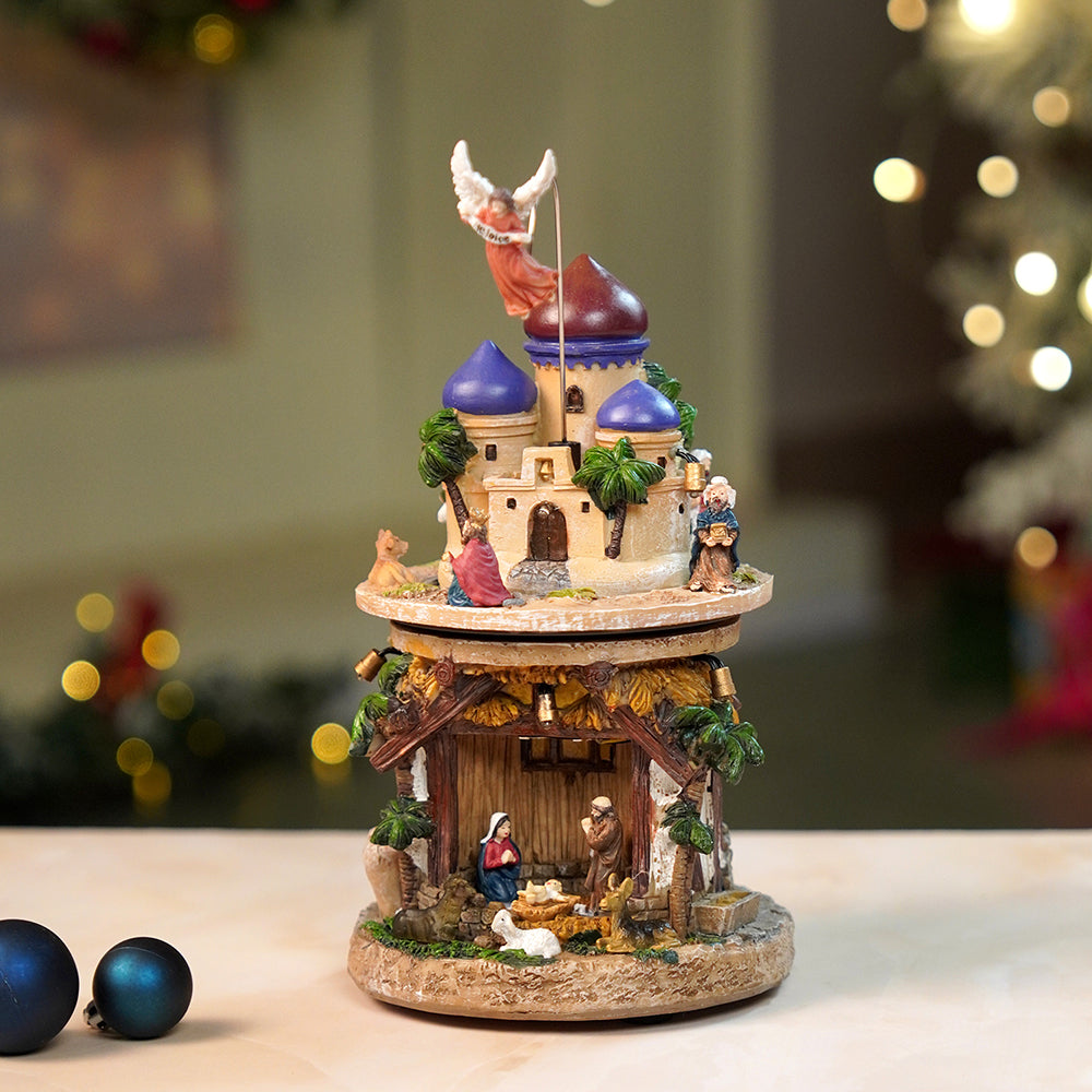 2 Layered Rotating, Musical & Lit Angel Holy Family Bethlehem Crib and Nativity set Christmas Décor