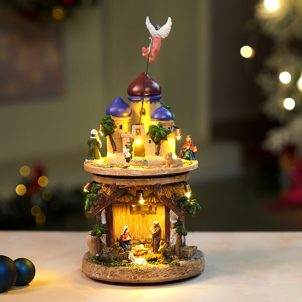 2 Layered Rotating, Musical & Lit Angel Holy Family Bethlehem Crib and Nativity set Christmas Décor