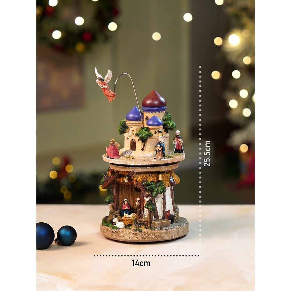 2 Layered Rotating, Musical & Lit Angel Holy Family Bethlehem Crib and Nativity set Christmas Décor