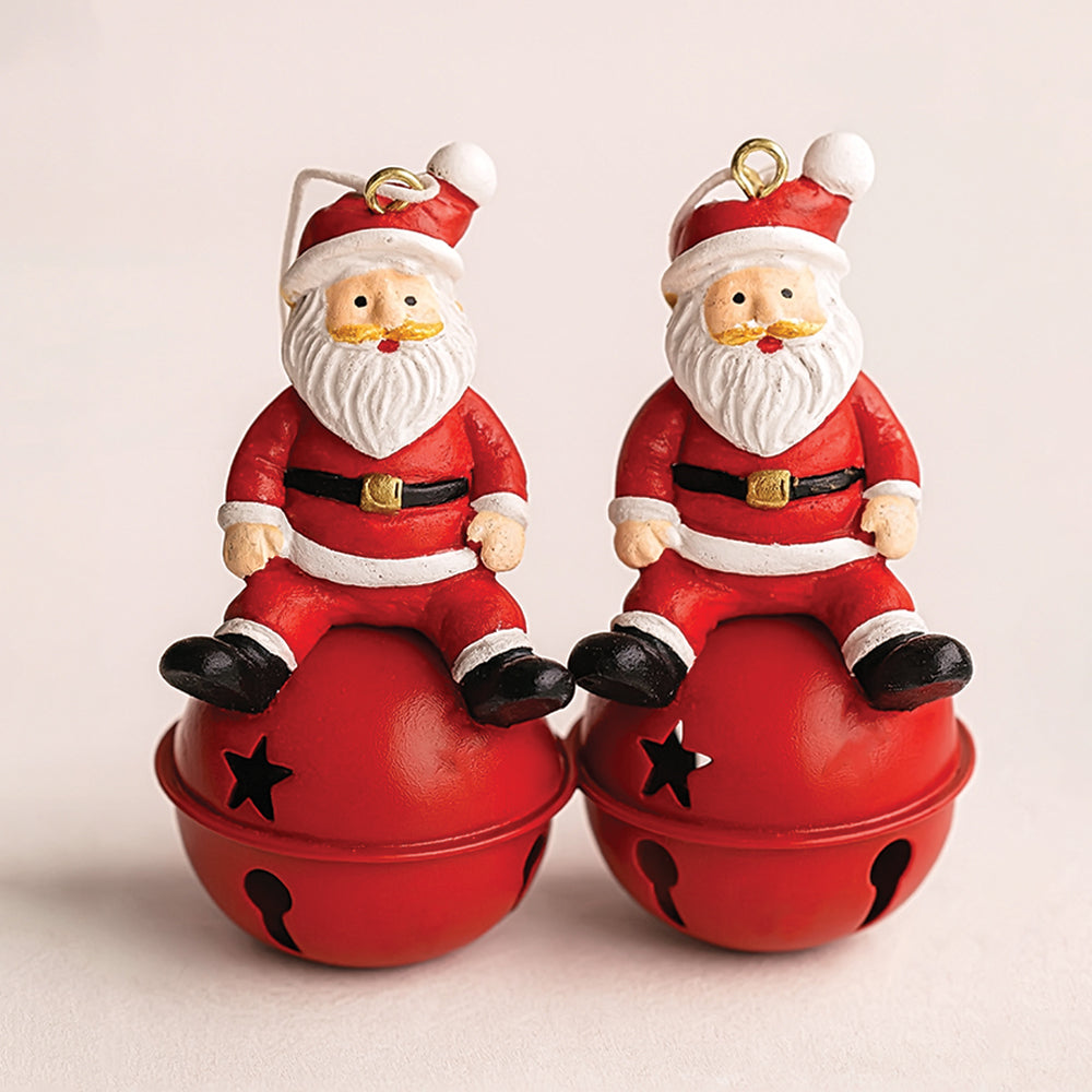 2pcs set of Shiny Red Ringing Metal Bell with sitting Santa Christmas tree Ornaments