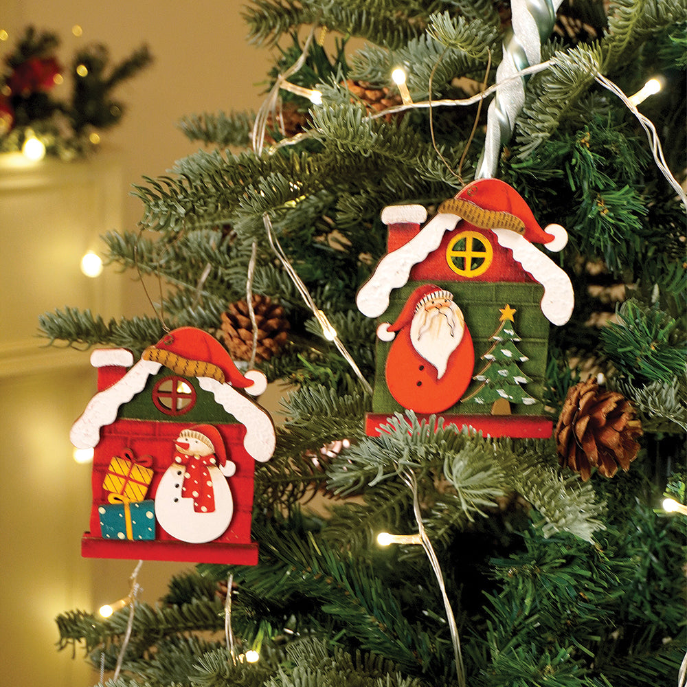 2pcs set of Wooden Home with Santa & Snowman Christmas tree Ornaments