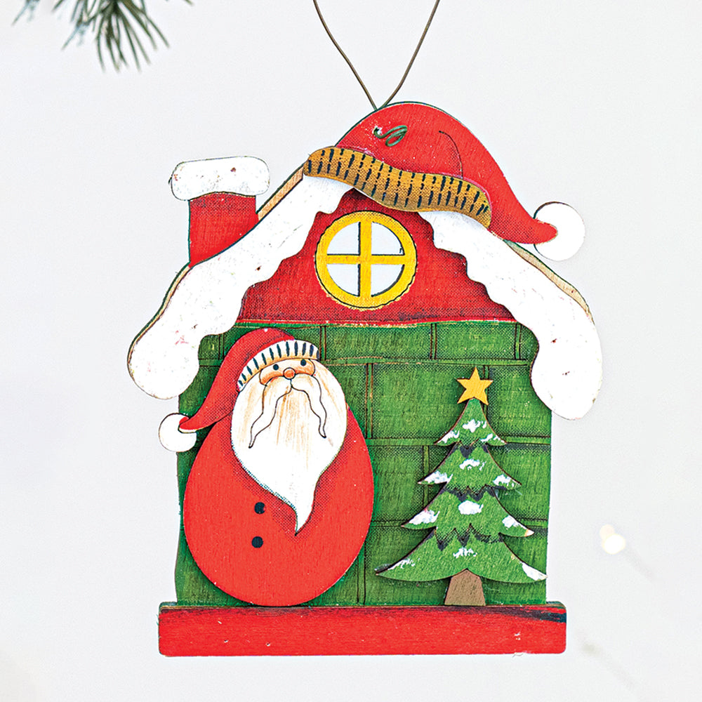 2pcs set of Wooden Home with Santa & Snowman Christmas tree Ornaments