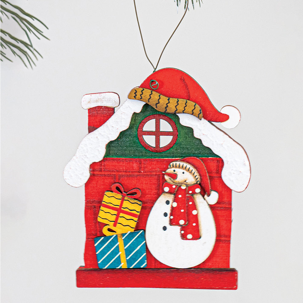 2pcs set of Wooden Home with Santa & Snowman Christmas tree Ornaments