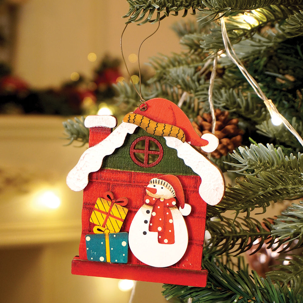 2pcs set of Wooden Home with Santa & Snowman Christmas tree Ornaments