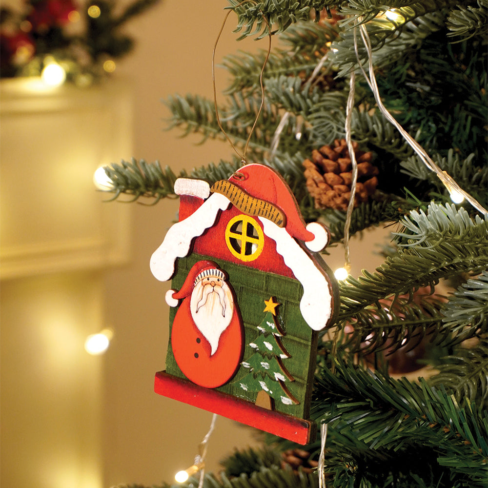 2pcs set of Wooden Home with Santa & Snowman Christmas tree Ornaments