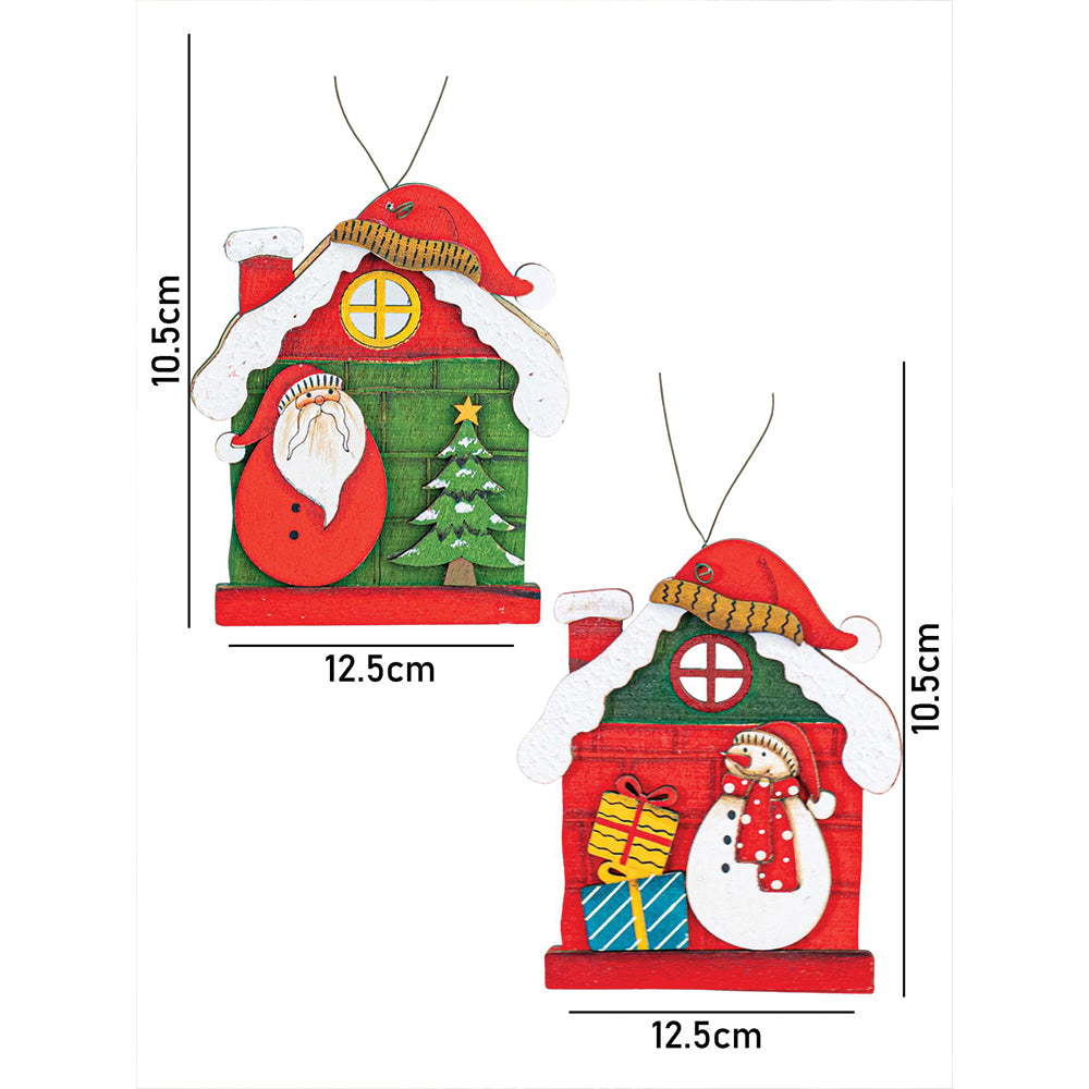 2pcs set of Wooden Home with Santa & Snowman Christmas tree Ornaments