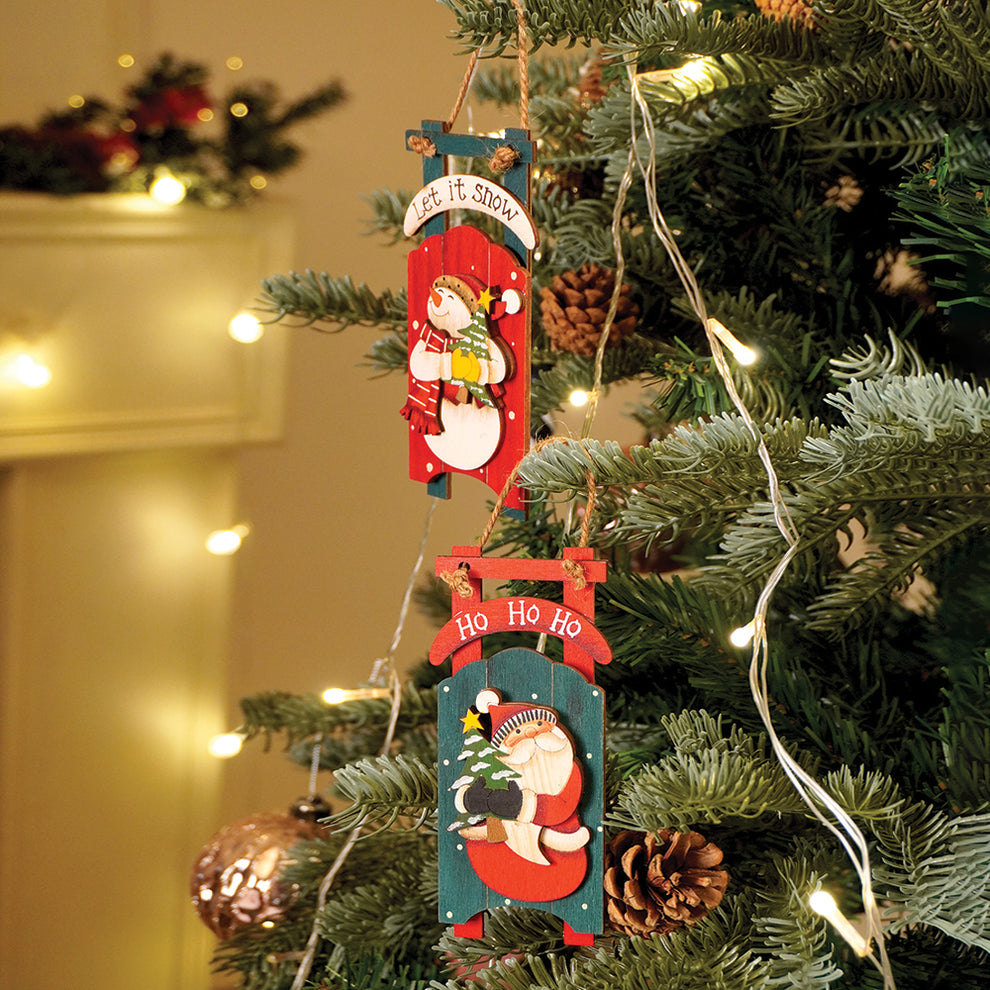 2pcs set of Wooden Sledge with Santa & Snowman Christmas tree Ornament