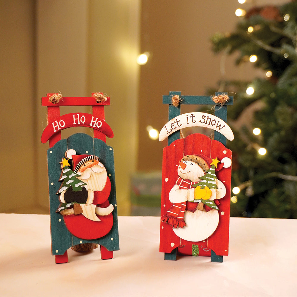 2pcs set of Wooden Sledge with Santa & Snowman Christmas tree Ornaments