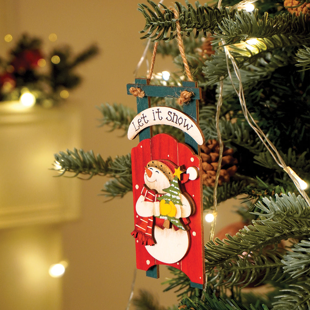 2pcs set of Wooden Sledge with Santa & Snowman Christmas tree Ornaments