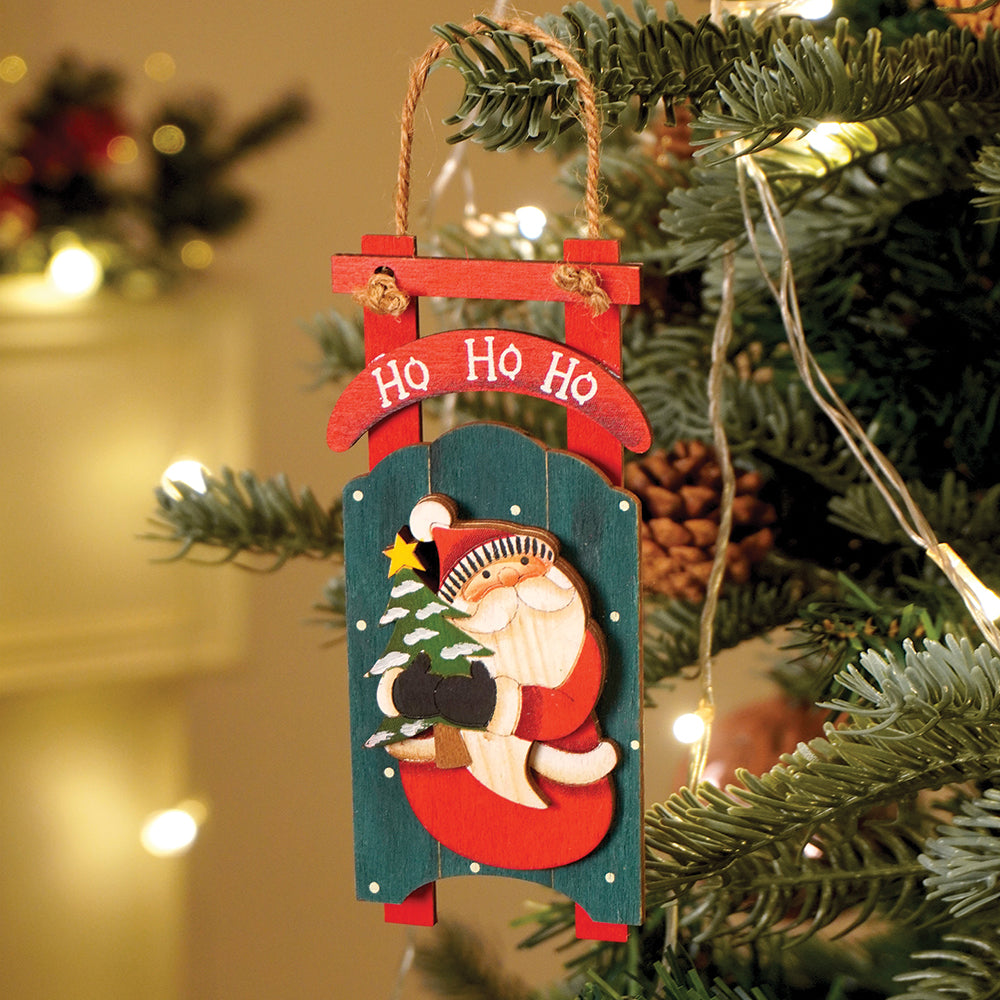 2pcs set of Wooden Sledge with Santa & Snowman Christmas tree Ornaments