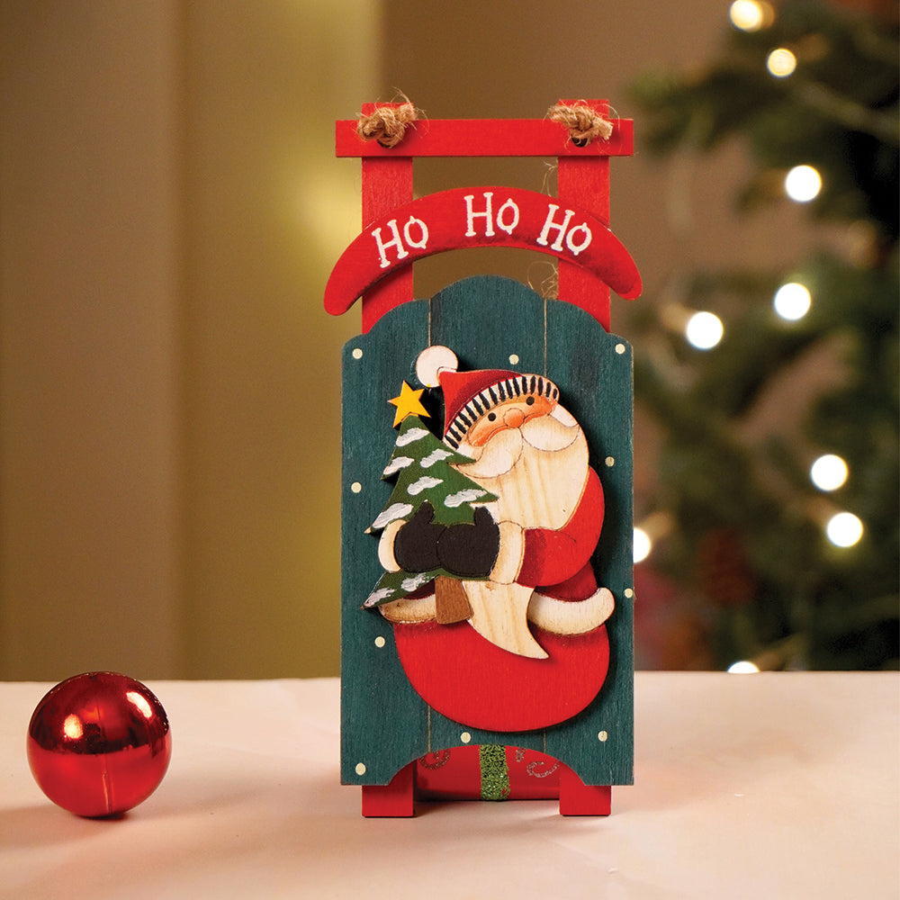 2pcs set of Wooden Sledge with Santa & Snowman Christmas tree Ornaments