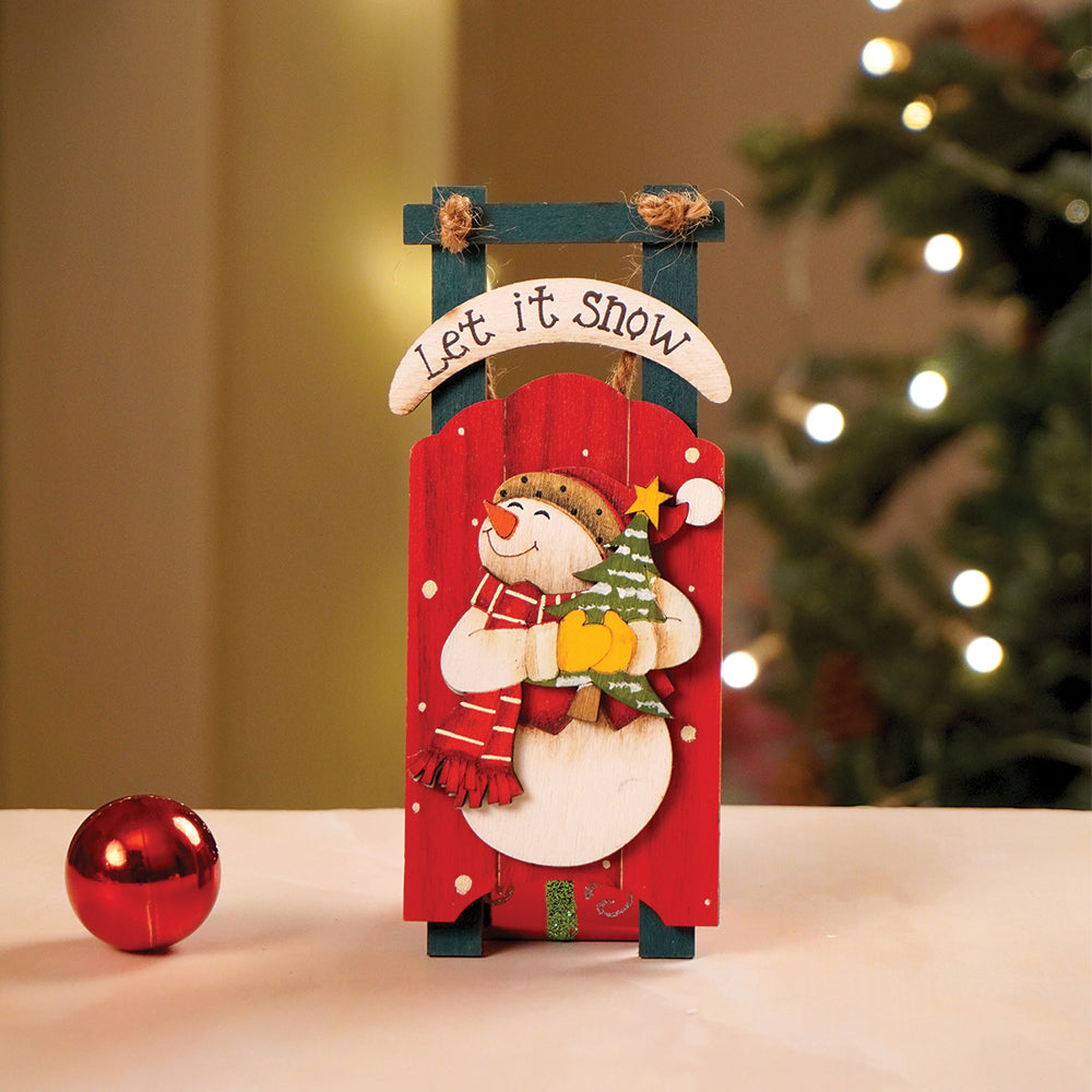 2pcs set of Wooden Sledge with Santa & Snowman Christmas tree Ornaments