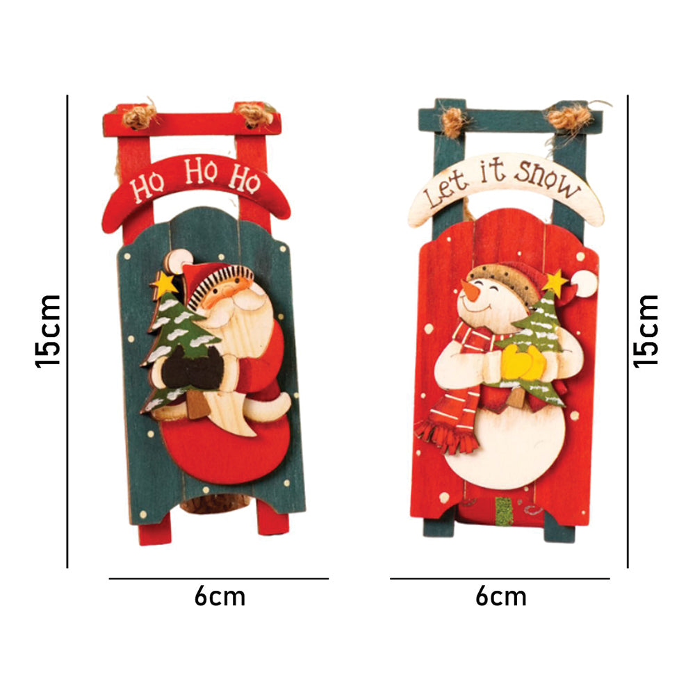 2pcs set of Wooden Sledge with Santa & Snowman Christmas tree Ornaments