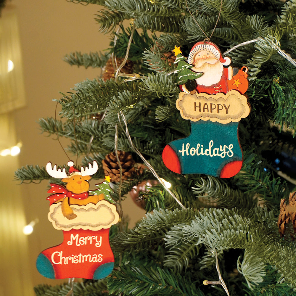 2pcs set of Wooden Stockings with Santa & Reindeer Christmas tree Ornaments