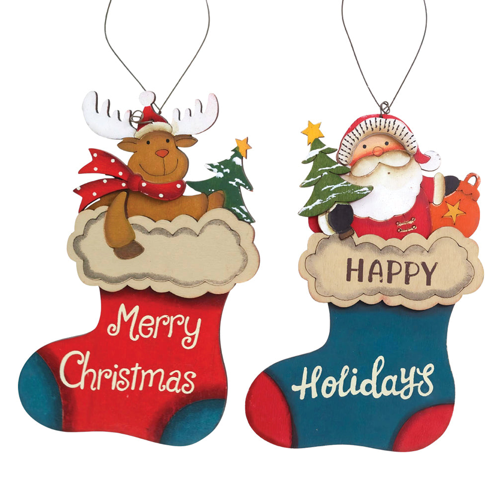 2pcs set of Wooden Stockings with Santa & Reindeer Christmas tree Ornaments