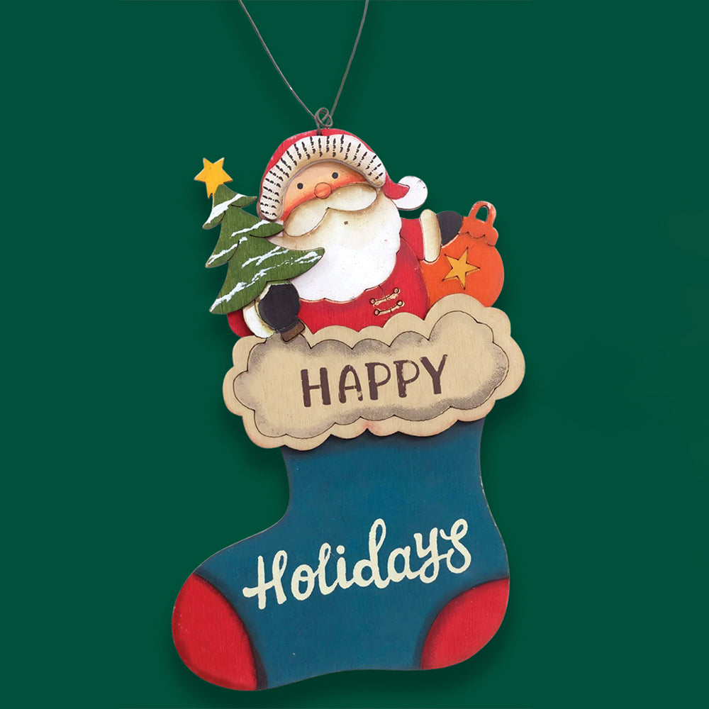 2pcs set of Wooden Stockings with Santa & Reindeer Christmas tree Ornaments