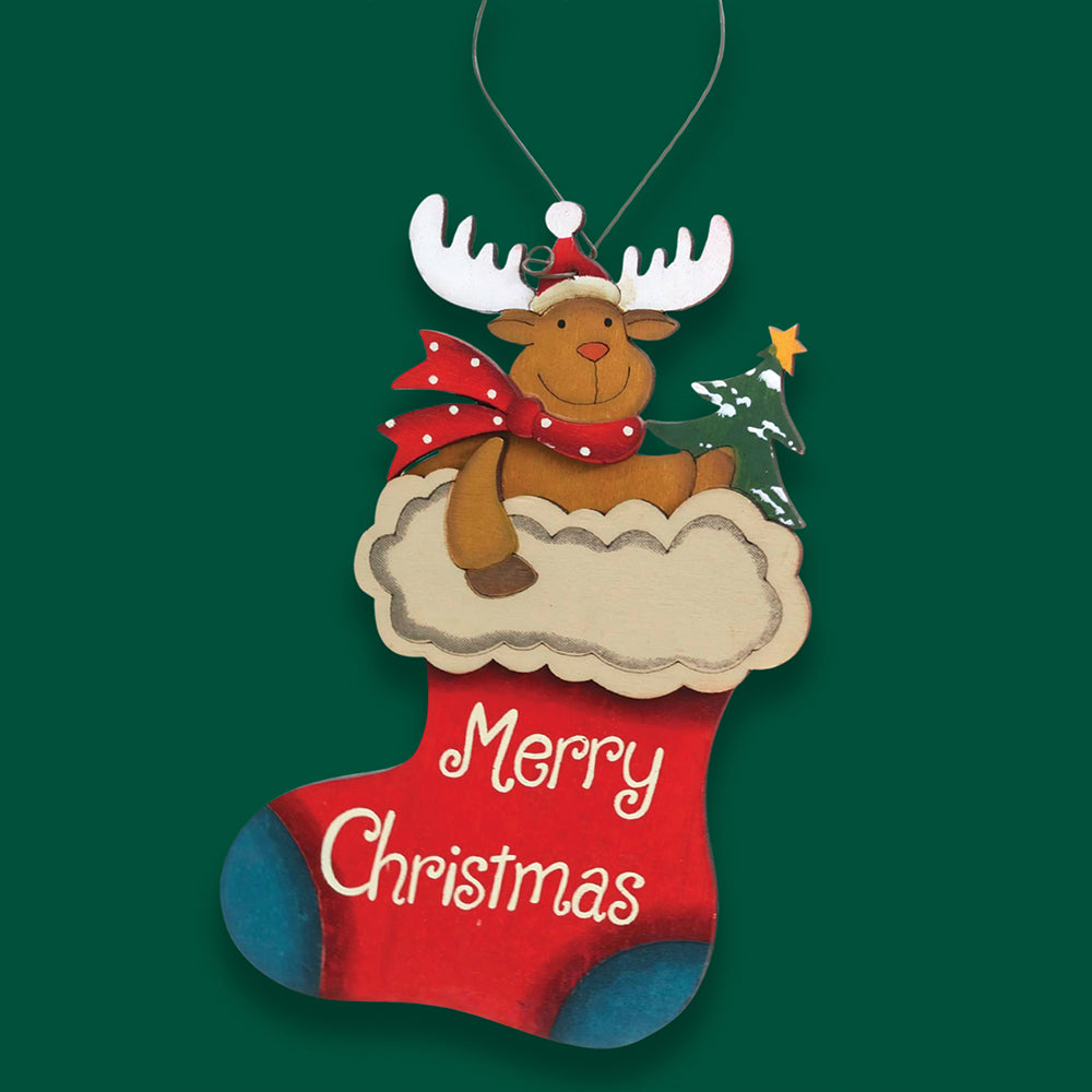 2pcs set of Wooden Stockings with Santa & Reindeer Christmas tree Ornaments