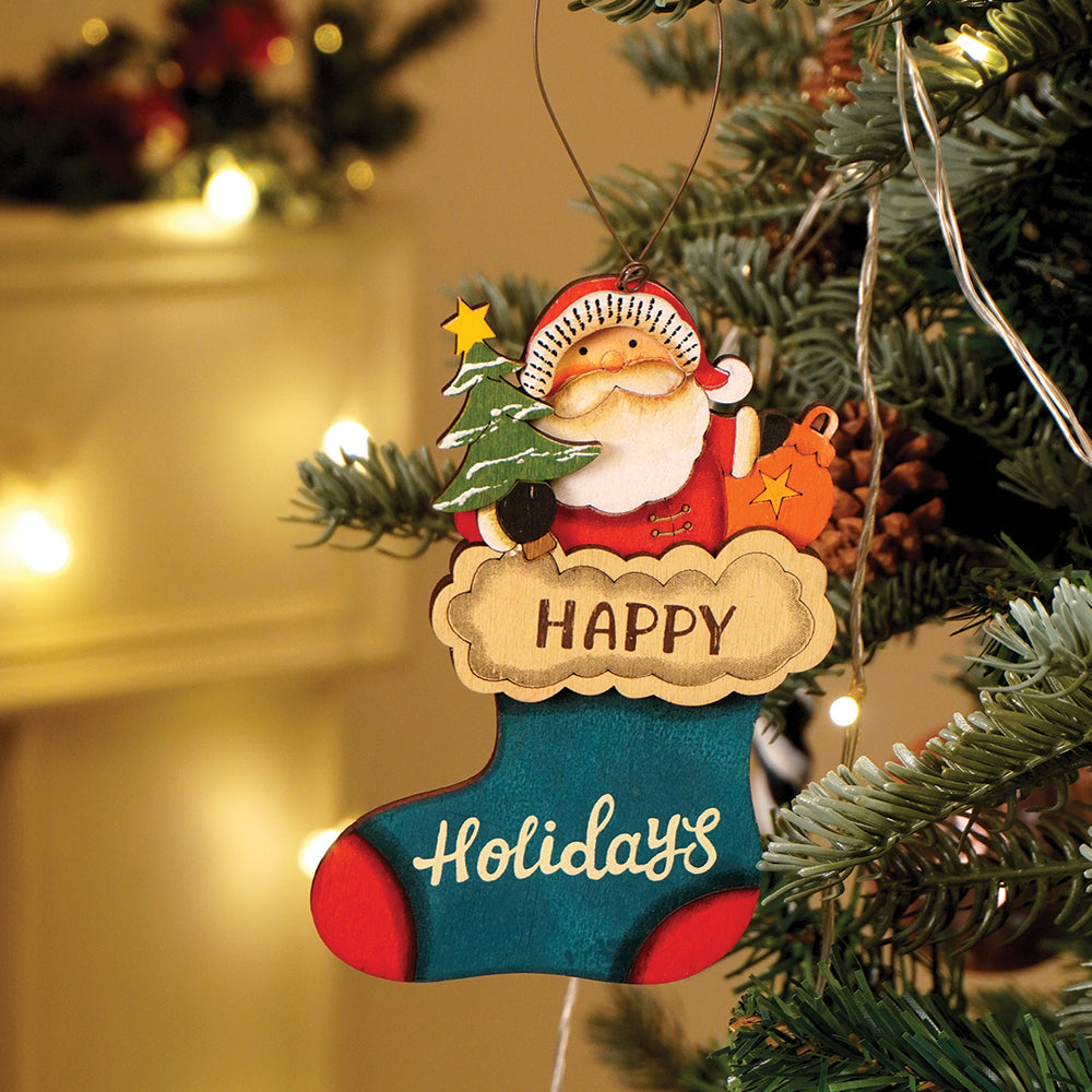 2pcs set of Wooden Stockings with Santa & Reindeer Christmas tree Ornaments