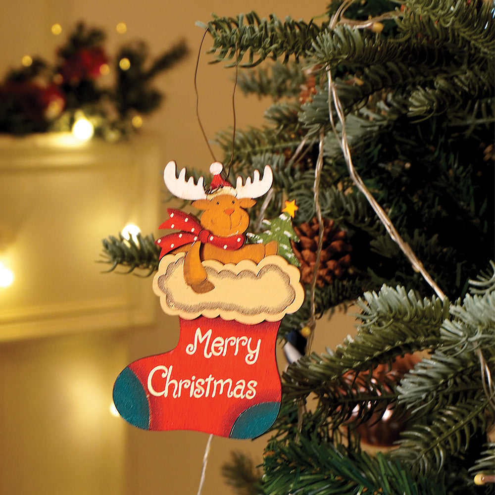 2pcs set of Wooden Stockings with Santa & Reindeer Christmas tree Ornaments