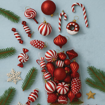 39 pcs Red White Donuts & Candies themed Christmas Balls tree hanging, XMAS Decoration set.