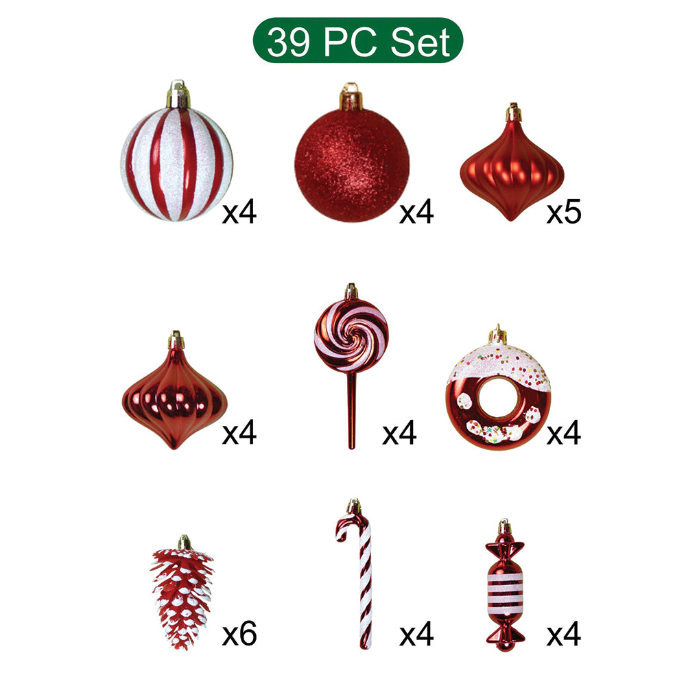 39 pcs Red White Donuts & Candies themed Christmas Balls tree hanging, XMAS Decoration set.