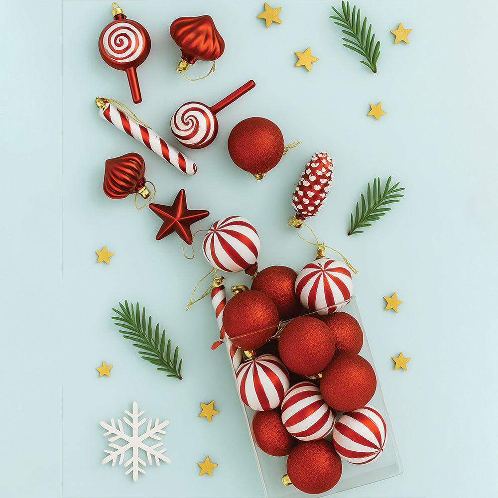 39 pcs Red Stars and White Swirls themed Christmas Balls tree hanging, XMAS Decoration set.