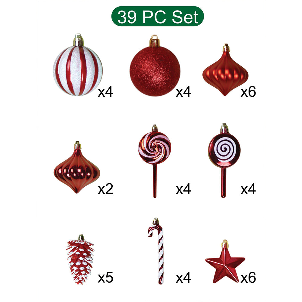 39 pcs Red Stars and White Swirls themed Christmas Balls tree hanging, XMAS Decoration set.