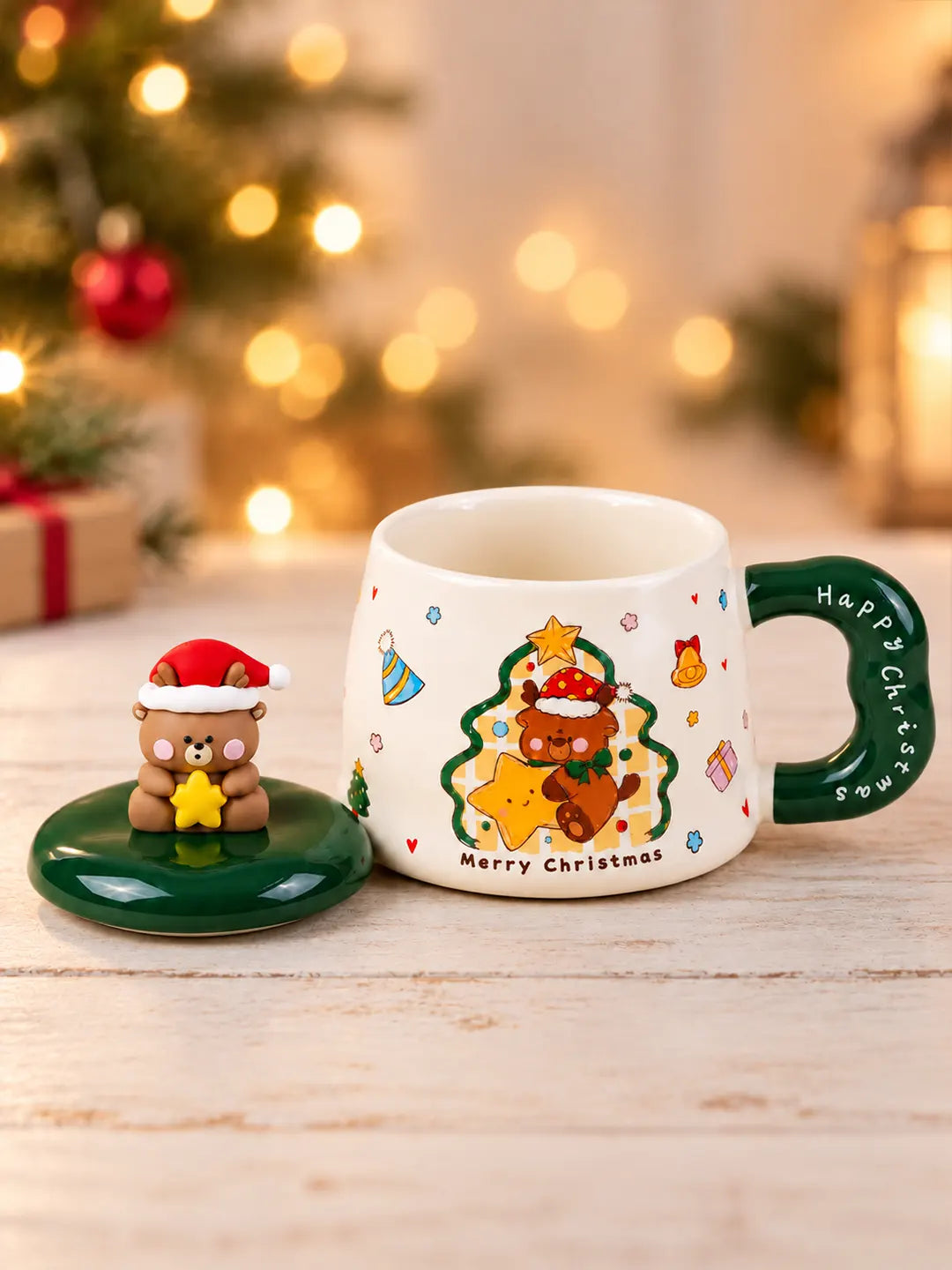 Bear & Star 3D Lid Ceramic Hot Chocolate and Coffee Christmas Mug