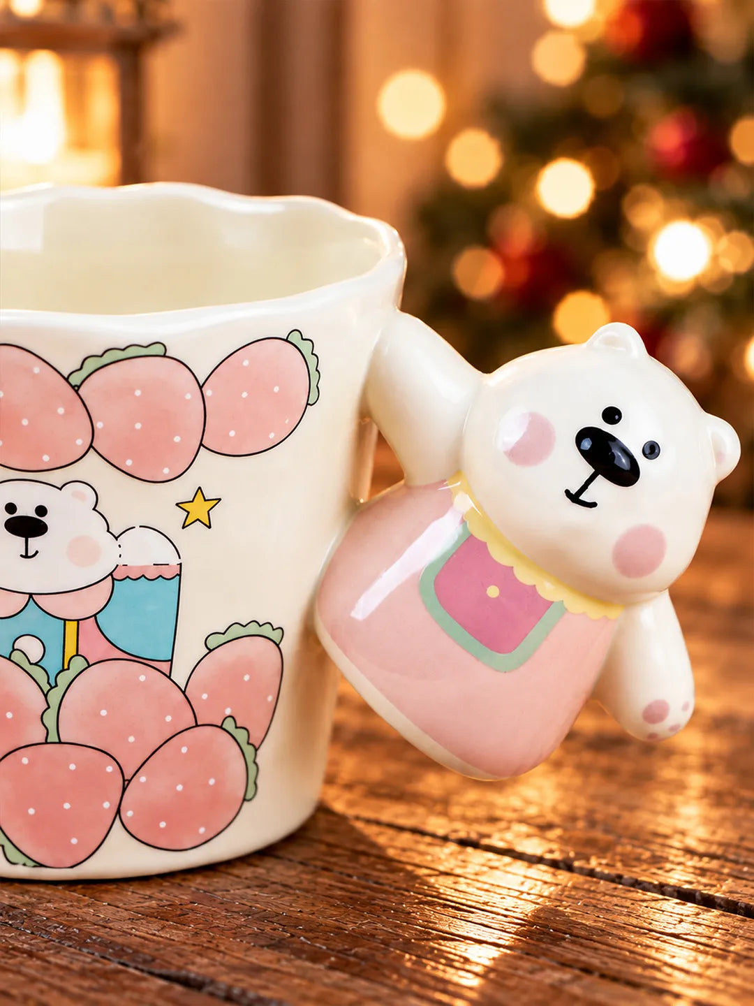 White Strawberry Bear Ceramic Hot Chocolate and Coffee Christmas Mug with 3D Pink Bear Handle