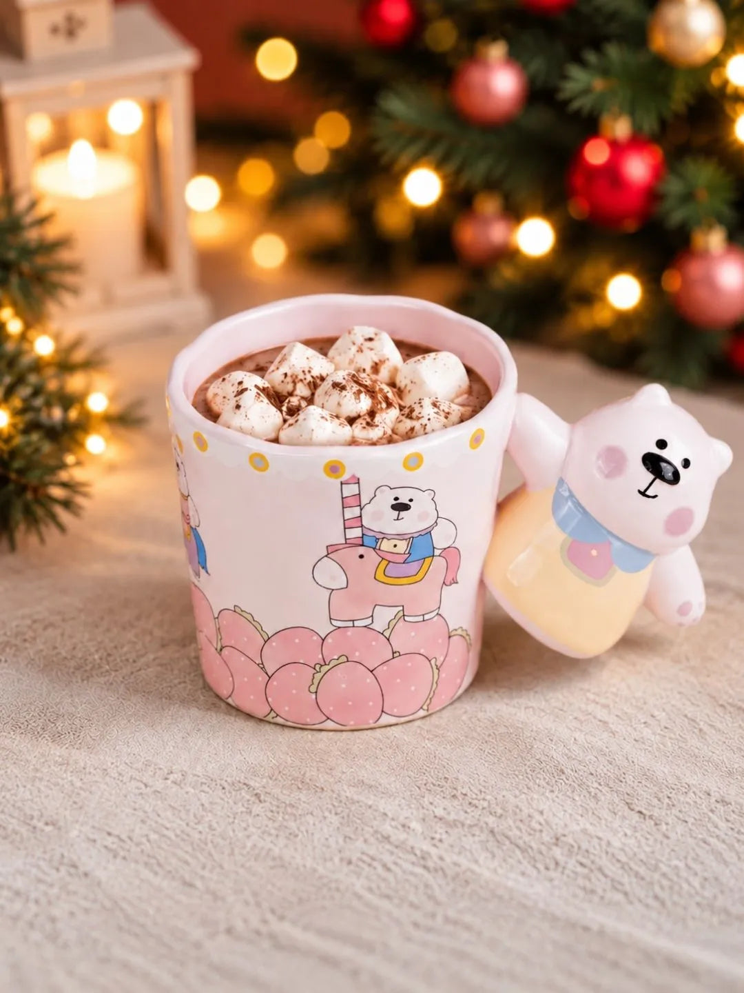 Pink Bear Carousel Ceramic Hot Chocolate and Coffee Christmas Mug with 3D Yellow Bear Handle