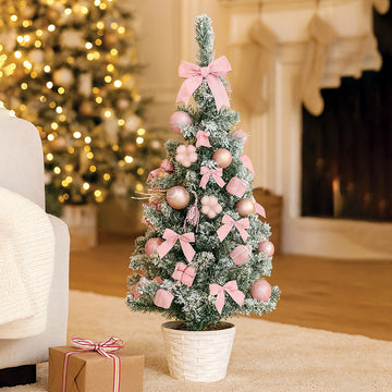 3 feet pastel Pink Swirl snowy Bushy Christmas Tree filled with balls and ornament Fillers