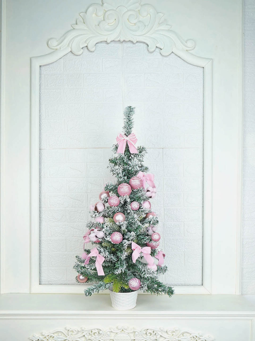 3 feet pastel Pink Swirl snowy Bushy Christmas Tree filled with balls and ornament Fillers