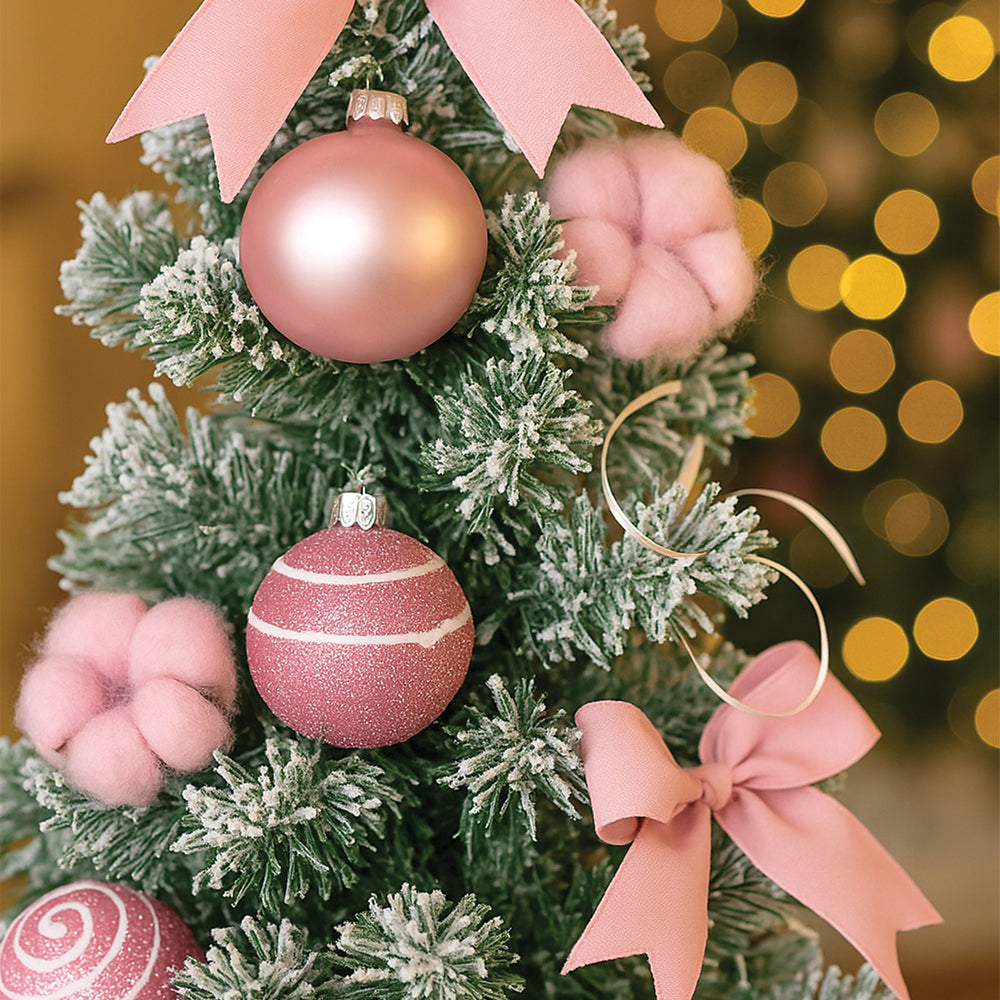 3 feet pastel Pink Swirl snowy Bushy Christmas Tree filled with balls and ornament Fillers