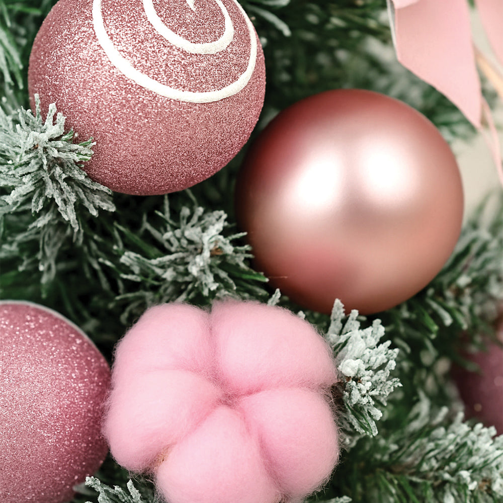 3 feet pastel Pink Swirl snowy Bushy Christmas Tree filled with balls and ornament Fillers