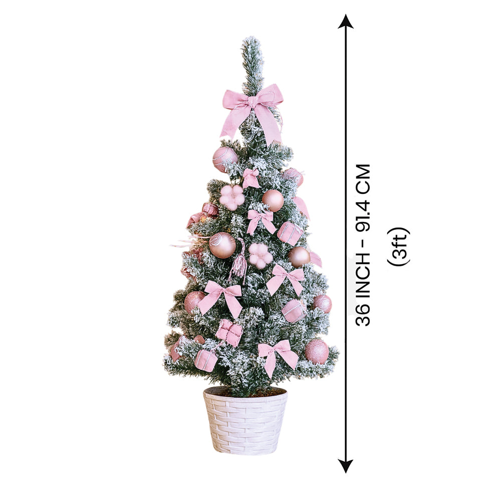 3 feet pastel Pink Swirl snowy Bushy Christmas Tree filled with balls and ornament Fillers