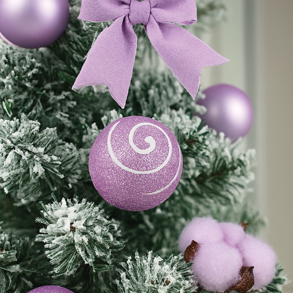 3 feet Pastel Purple Swirl Snowy Bushy Christmas Tree filled with balls and ornament Fillers
