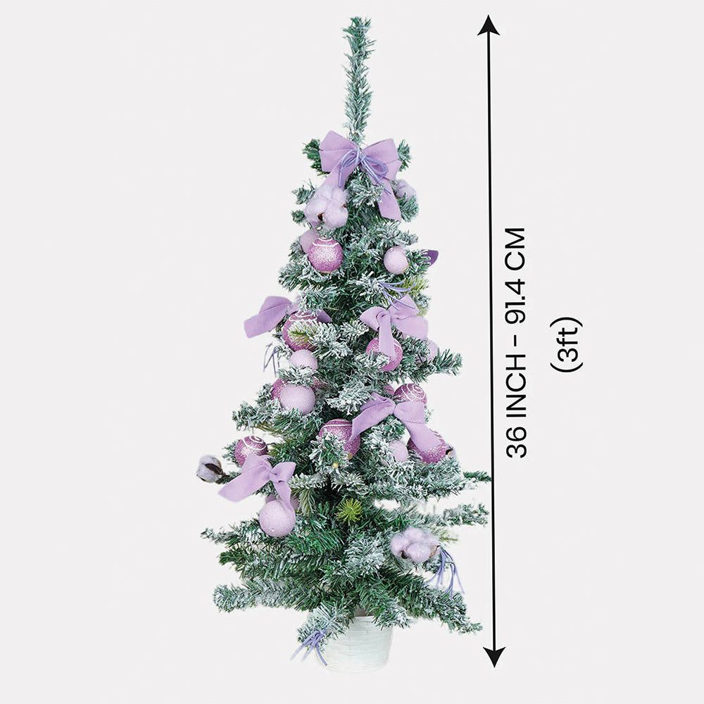 3 feet Pastel Purple Swirl Snowy Bushy Christmas Tree filled with balls and ornament Fillers