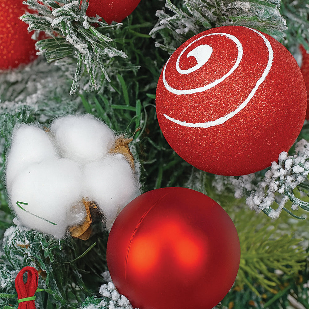 3 feet Red Swirl Frosty Bushy Christmas Tree filled with balls and ornament Fillers