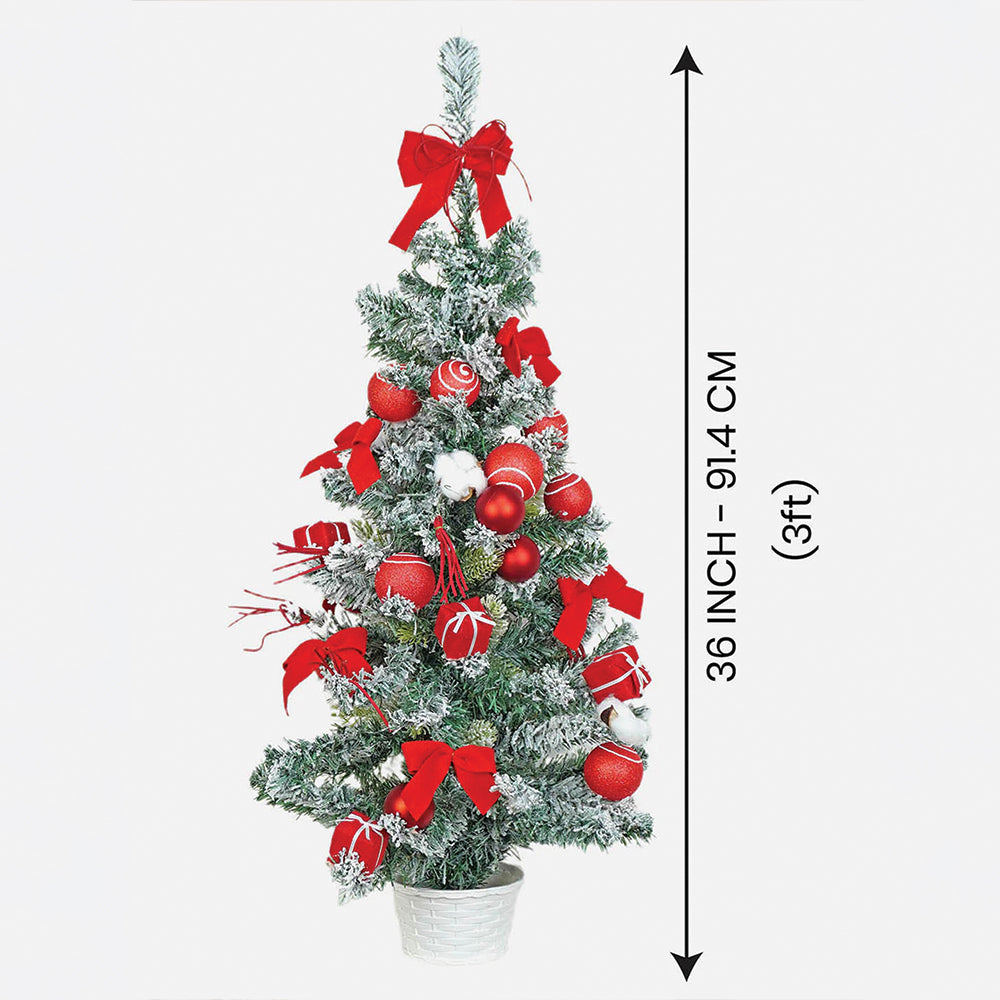 3 feet Red Swirl Frosty Bushy Christmas Tree filled with balls and ornament Fillers