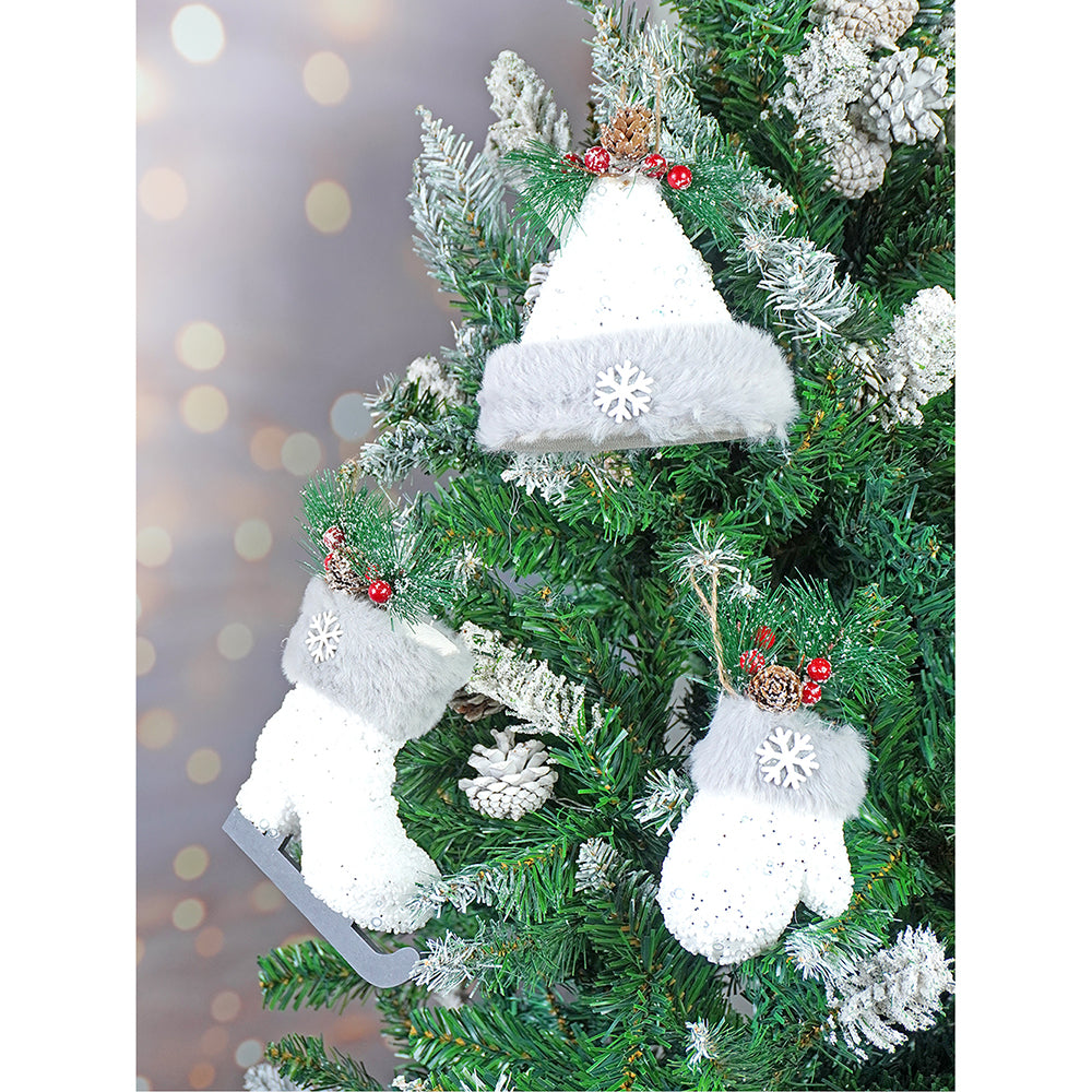 3 pcs Silver Furry Winter Accessories themed Christmas Tree Ornaments