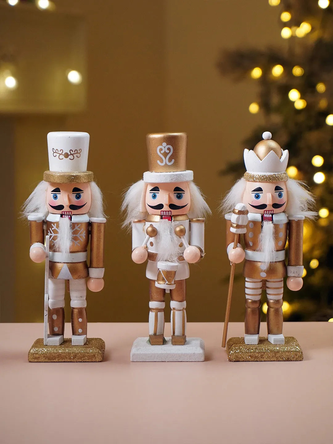 Royal Gold & White Set of 3 Wooden Nutcrackers, Christmas Table Décor, 6.2 inches ht