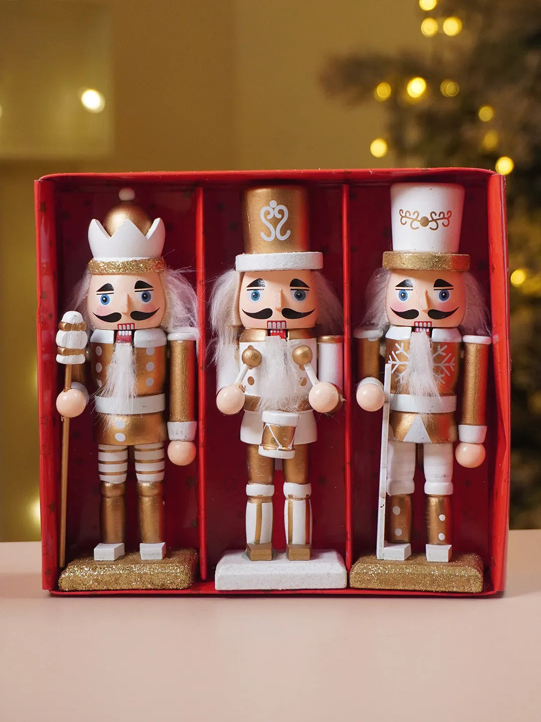 Royal Gold & White Set of 3 Wooden Nutcrackers, Christmas Table Décor, 6.2 inches ht